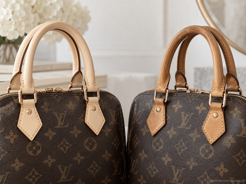 porównanie wyglądu dwóch modeli torebki torebka louis vuitton – podróbka i oryginalny model z widocznymi różnicami