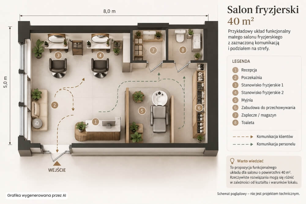 projekt salonu fryzjerskiego o wielkości 40 m2